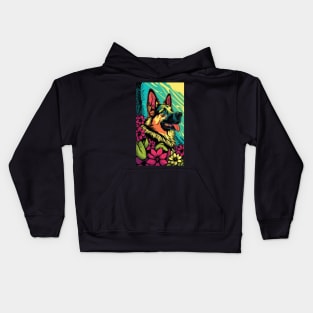 German Shepherd Dog Vibrant Tropical Flower Tall Retro Vintage Digital Pop Art Portrait 2 Kids Hoodie